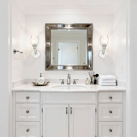 Two Light Bathroom Vanity Light Hardwired Wall Sconce Brushed Nickel With Clear Glass Over Mirror Modern Bath Fixture in white bathroom