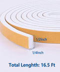 Heavy Duty Self Adhesive Foam Weather Stripping Tape For Doors And Windows Square Black Draft Buster Sound Deadening Insulation Seal Half Inch Wide By Quarter Inch Thick X Sixteen Foot Roll Super Sticky Peel Stick Easy Trim showing roll length and dimensions.