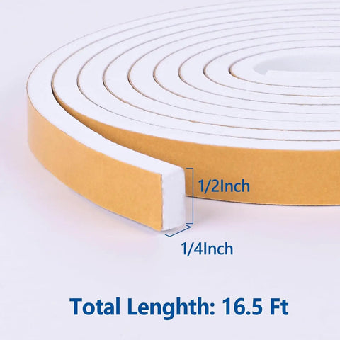 Heavy Duty Self Adhesive Foam Weather Stripping Tape For Doors And Windows Square Black Draft Buster Sound Deadening Insulation Seal Half Inch Wide By Quarter Inch Thick X Sixteen Foot Roll Super Sticky Peel Stick Easy Trim showing roll length and dimensions.