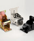 Industrial locking hinge brackets, 90-degree foldable legs, in gold, silver, and black for tables/workbenches.