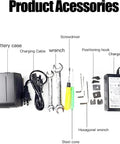 Product accessories for No Sweat Automatic Strapping Tool including battery, charger, tools, and cables.