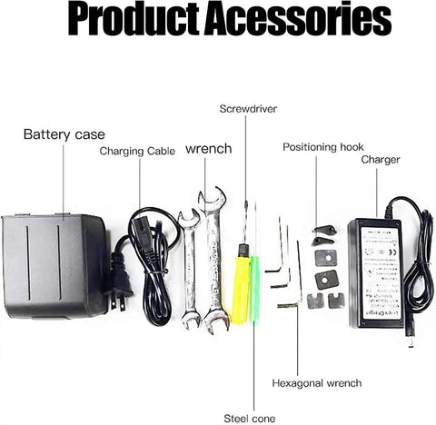 Product accessories for No Sweat Automatic Strapping Tool including battery, charger, tools, and cables.