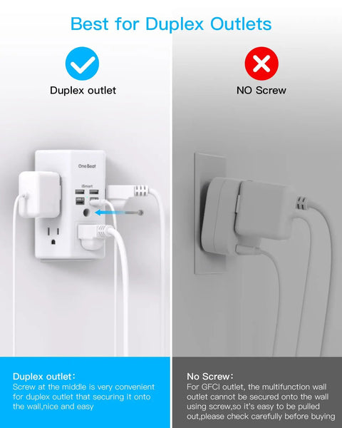 9 In 1 Surge Protector Wall Outlet Extender With Five AC Sockets And Four USB Ports 2 USB C 1680J Energy Absorption shown in duplex outlet setup