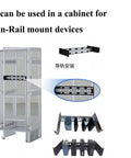 2U 19 Inch Din Rail Chassis Bracket Depth Adjustable Rackmount Kit in Aluminum shown installed in cabinet with din-rail devices