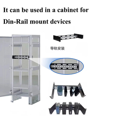 2U 19 Inch Din Rail Chassis Bracket Depth Adjustable Rackmount Kit in Aluminum shown installed in cabinet with din-rail devices