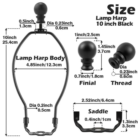 Solid Build Black 10 Inch Lamp Shade Harp Holders 2 Pack Heavy Duty Metal Table And Floor Fixture Adapters with size details and measurements.