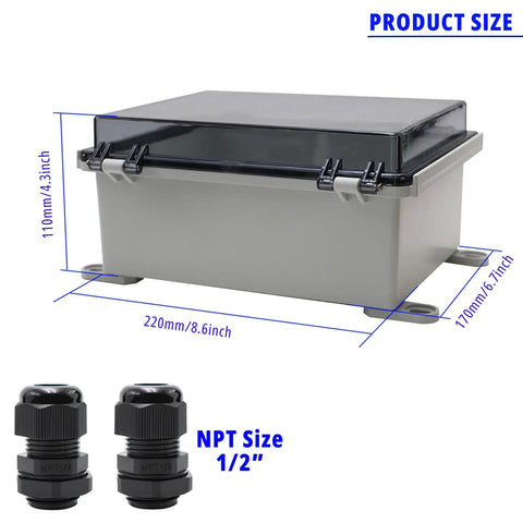 Rugged Outdoor Waterproof Electrical Junction Box With IP67 Weatherproof ABS Enclosure And Hinged Cover 8.6x6.7x4.3 Inches