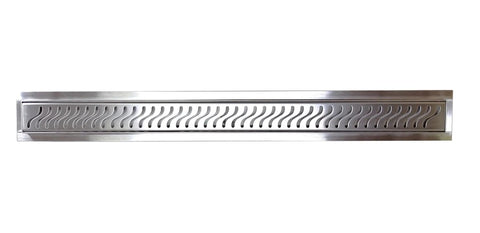 Premium Heavy Duty Stainless Steel Linear Shower Drain Featuring A Badass Ocean Wave Design With Built In Hair Catcher For Quick Waterproof Install, smooth brushed steel finish.