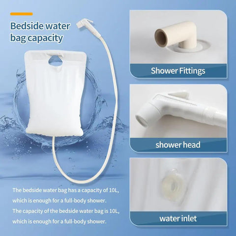 No Sweat Medical Inflatable Bed Bath Kit With Electric Pump And Portable Water Bag Total Hassle Free Side Shower Tub showing 10L water bag and shower fittings.
