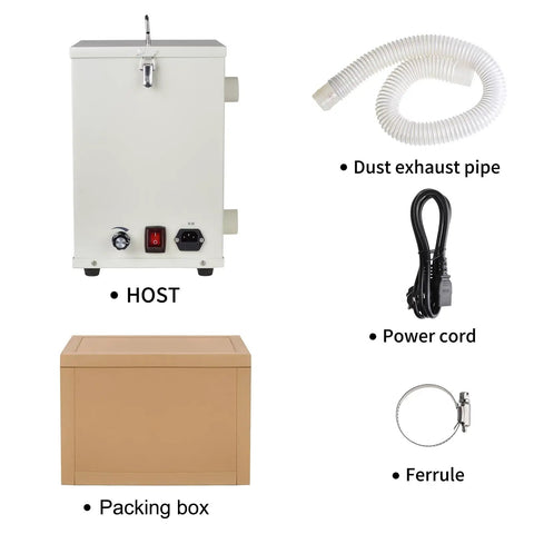 Heavy Duty 1000W Lab Dust Collector With A Badass Dual Impeller Design And Variable Suction Controls For Dental Labs And Workshops Yanking Metal Parts And Wood Chips Clean, HOST unit, power cord, ferrule, exhaust pipe.