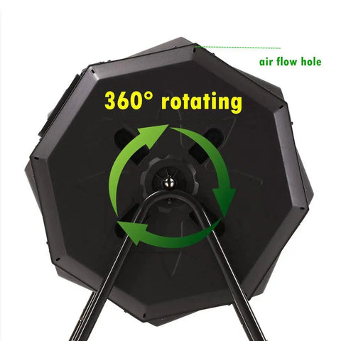 Back view of a 45 Gallon Rotating Compost Tumbler Bin With Large Dual Chamber, features air flow holes and rotating 360-degree design.