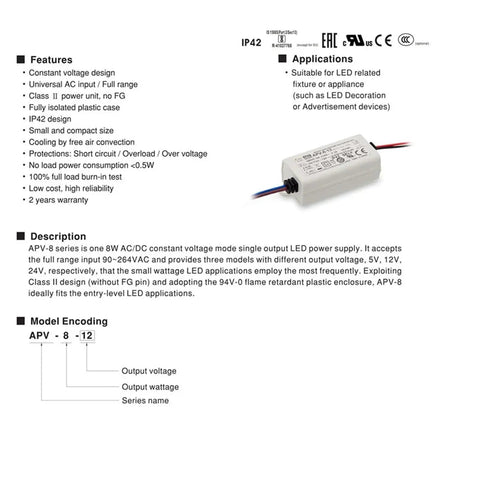 Workhorse 8 Watt AC DC Power Supply and LED Driver with 12 Volt Constant Voltage Transformer showing IP42 weatherproof build.