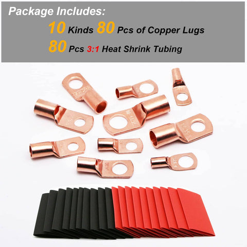 Copper Wire Lugs And Ring Terminals Kit For Automotive Wiring AWG 2 4 6 8 10 12 160 Piece Set With Heat Shrink Tubing