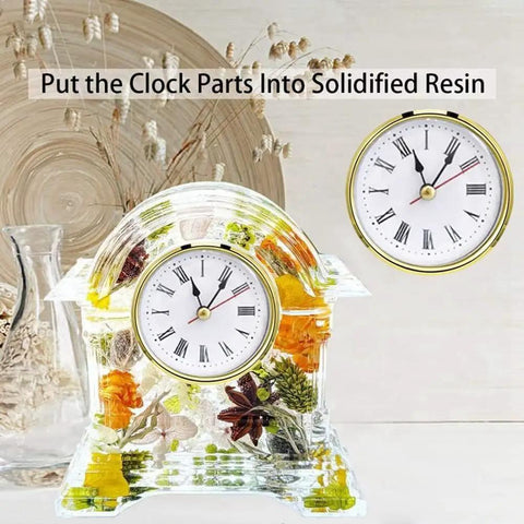 A decorative clock embedded in resin for 4 Piece Clock Parts Kit for Resin Mold and Epoxy Casting Great for DIY Clock Making