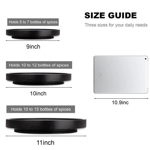 Premium Wood Lazy Susan Turntable Functions As Slick Kitchen Game Changer With Smooth Swivel Glide Waterproof 11 Inch Black Round Serving Tray size guide showing 9, 10, and 11 inch options.