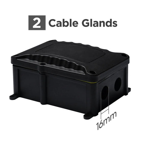 Side view of IP67 Outdoor Waterproof Junction Box With 1 In 2 Out Cable Glands Enclosure For Electronics, 119x93x56 mm.