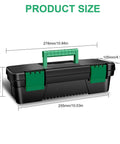Kickass Tailgate Ready Tool Box Featuring An Unbreakable Hinged Lid And Grippy Top Carry Handle with dimensions and sturdy black design.