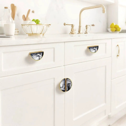 Two Pack Monochrome Fluid Art Swirl Cabinet Pulls 3 Inch Center Hole Gold Semicircle Drawer Handles for kitchen cabinets