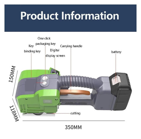 Fully Automatic Handheld Steel Strapping Machine With One Key Portable Electric Baler Kit, 350MM side view, battery and display