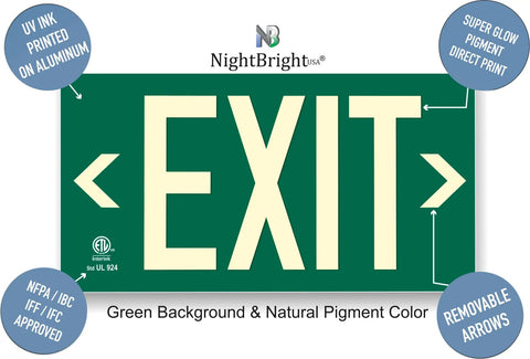 Photoluminescent Exit Sign Green Aluminum Frameless 50 Foot Glow No Expiration Date UL 924 UL Listed IBC NFPA 101 Code Compliant