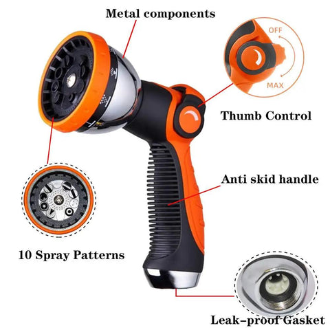Heavy Duty Metal Garden Hose Nozzle With 10 Adjustable Spray Patterns, Thumb Control On Off Valve, detailed features