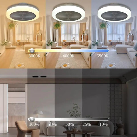 Enclosed Ceiling Fan With Light And Bluetooth Speaker Low Profile 18.1 Inch App Control showing RGB dimming options in living room