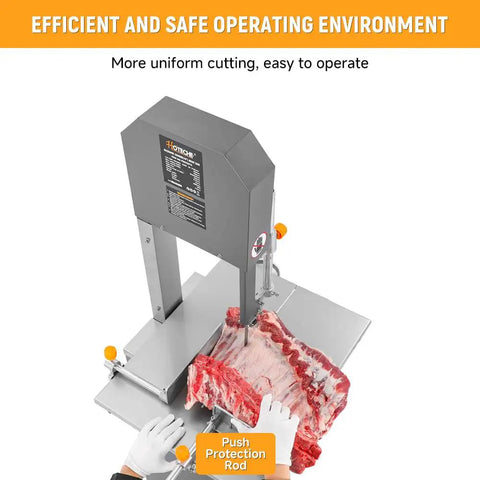 Powerful 550W Commercial Meat Bandsaw With 9.5 Inch Cutting Depth And 10 Inch Cutting Width cutting meat bones with safety gloves