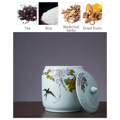 Big Capacity Chinese Ceramic Rice Jar With Airtight Lid Dispenser Keeping grains fresh, floral design and open lid for easy access.