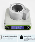 Front view of MOSECYOU deadbolt security guard device, aluminum alloy shield in silver, shown on a digital scale.