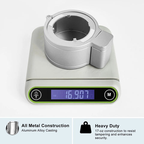 Front view of MOSECYOU deadbolt security guard device, aluminum alloy shield in silver, shown on a digital scale.