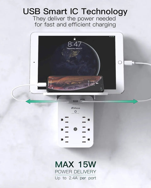 Wall Outlet Extender With Surge Protector Six AC Outlets USB C And USB A Ports Space Saving Shelf for charging devices shown