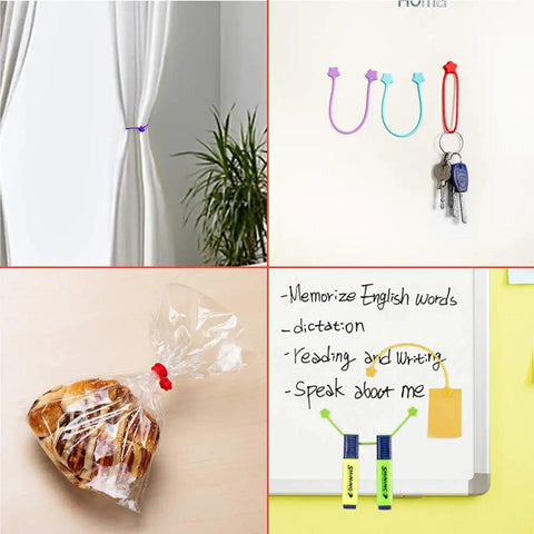 Reusable Silicone Magnetic Cable Ties 7.48 Inch Magnetic Twist Ties For Bundling Cords And Organizing USB Cables Fridge Magnets And Decor 14 Pack In Seven Colors used for curtains, keychains, and note holding.