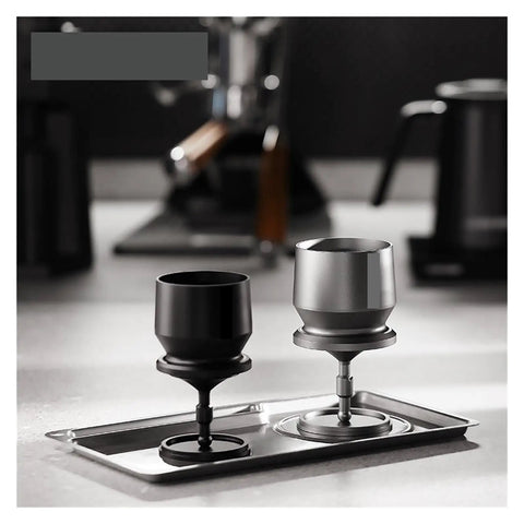 Three Piece Sleek Espresso Powder Receiver Cup And Dosing Funnel Fits 51 54 58Mm Portafilters showing black and silver dosing funnels.