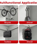 Heavy Duty Bike Hooks For Garage Ceiling Mount Rack Six Pack Add On Storage flat hook holding bike, shovel, toolbox