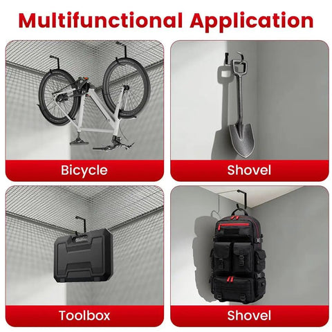 Heavy Duty Bike Hooks For Garage Ceiling Mount Rack Six Pack Add On Storage flat hook holding bike, shovel, toolbox