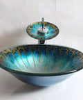 USZWBY Blue and Gold Pattern Tempered Glass Vessel Sink for Bathroom Countertop Basin Sink Mounted Bowl with faucet.