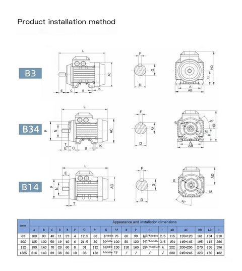 Diagram of Three Phase Permanent Magnet Synchronous Motor With Variable Frequency Drive 132S with installation methods B3, B34, B14