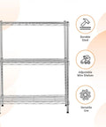 Beefy Heavy Duty Steel Wire Shelving Rack With Chrome Finish 3 Shelf Adjustable Storage System No Tool Assembly Holds Up To 750 Lb Total Capacity Dimensions 23.2 In L x 13.4 In W x 30 In H displayed with product features