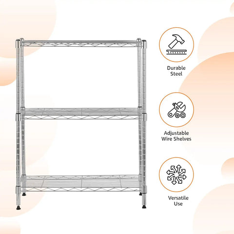 Beefy Heavy Duty Steel Wire Shelving Rack With Chrome Finish 3 Shelf Adjustable Storage System No Tool Assembly Holds Up To 750 Lb Total Capacity Dimensions 23.2 In L x 13.4 In W x 30 In H displayed with product features