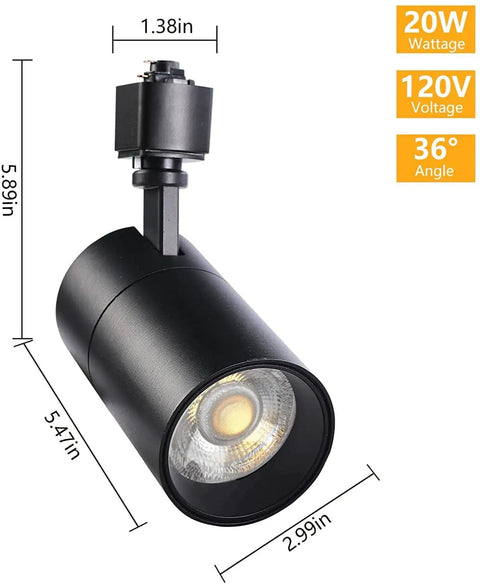 Black Six Pack 20W Dimmable LED Track Lighting Heads H Type, 36 Degree Beam, dimensions shown, kitchen ceiling spotlight