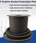 Front view PTFE graphite braided compression packing on spool; black braided rope, 1/8 in x 1/8 in, 10 ft length