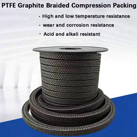 Front view PTFE graphite braided compression packing on spool; black braided rope, 1/8 in x 1/8 in, 10 ft length