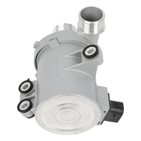 Factory Grade Electric Water Pump For Bmw 328i 2012 To 2016 Straight Dropin Swap angle view with inlet and outlet fittings.