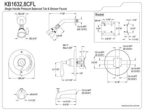 Technical diagram of Century Tub And Shower Faucet With Polished Brass Finish, Built Tough No Fuss Setup, Pressure Balanced Washerless Cartridge