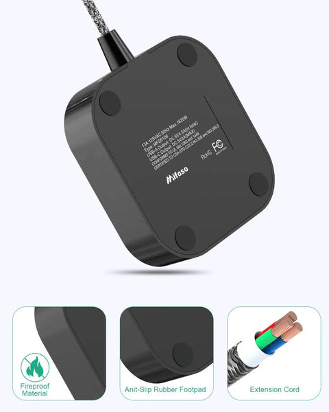 Bottom view of Power Strip With USB C And 3 Outlets, 4 USB Ports, showing anti-slip rubber footpad and braided extension cord.