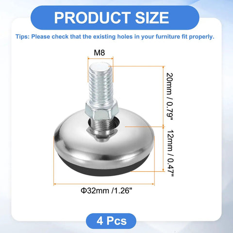 Premium M10 Thread Levelers 4 Pack Adjustable Table Feet Black Screw In Glides for Chairs Stools with size measurements