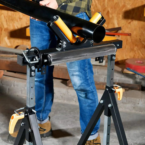 Person using 4 In 1 Work Center Roller Stand With 440 Lbs Capacity, Saw Horses, V Shaped And Multi Directional Rollers in workshop.