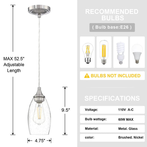 One Light Indoor Mini Hanging Pendant Lamps Set For Kitchen Island And Bar Handcrafted Glass Chandelier Shades In Seeded Clear Glass With Black Brushed Nickel Finish Perfect For Dining Room Breakfast Bar And Countertop Setup 3 Pack