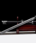 Ring Pommel Song Dao Hand Forged High Manganese Steel Blade With Rosewood Scabbard And Exclusive Alloy Fittings sword displayed on stand