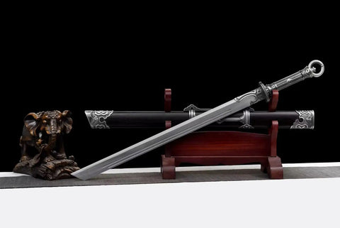 Ring Pommel Song Dao Hand Forged High Manganese Steel Blade With Rosewood Scabbard And Exclusive Alloy Fittings sword displayed on stand